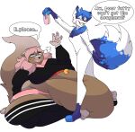 anthro bearsfatcave bell belly belly_restraint belt blue_hair bottomwear canid canine canis ciel_(cielwolfy) clothing cropped_hoodie dessert domestic_cat doughnut duo envy_(softboienvy) eyewear facial_markings feeder feederism feeding felid feline felis food fur glasses gynomorph hair head_markings hi_res hoodie hotpants intersex intersex/male legwear male mammal markings multicolored_body multicolored_fur neck_tuft obese obese_anthro obese_gynomorph obese_intersex overweight overweight_anthro overweight_gynomorph overweight_intersex pastry pink_hair ragdoll_cat shorts tagme thigh_highs topwear tuft wearing_glasses wolf