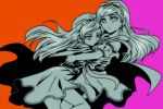  2girls bow bow_hairband cloak commentary_request dragon_quest dragon_quest_x dress dress_bow earrings floating_clothes floating_hair hairband hug jewelry long_hair looking_at_viewer looking_back looking_to_the_side mirror_twins multiple_girls off-shoulder_dress off_shoulder orange_background ozogori_(user_tzaz2447) pink_background rizerotta_(dq10) rukoria_(dq10) siblings sisters stud_earrings twins two-tone_background 