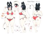  1girl :3 absurdres animal_ear_fluff animal_ears asterisk_(symbol) barefoot bikini black_ears black_hair blush breasts character_name cleavage clenched_hands close-up closed_mouth collarbone dot_nose english_commentary fang from_behind from_side full_body glasses head_tilt height highres indie_virtual_youtuber kisa_niya large_breasts looking_at_viewer marking_on_cheek medium_hair multiple_views navel open_hands open_mouth paw_pose pawpads plump red-framed_eyewear red_bikini red_eyes red_nails reference_sheet rimless_eyewear simple_background standing standing_on_one_leg straight-on string_bikini swimsuit tail tareme thick_arms thick_thighs thighs tomatomagica variant_set virtual_youtuber white_background white_tail x 
