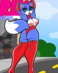  2019 absurd_res anthro blue_body blue_fur boots breasts clothed clothing domestic_cat felid feline felis female footwear full-length_portrait fur go!_go!_hypergrind hands_behind_head hi_res high_heeled_boots high_heels inverted_nipples legwear looking_at_viewer looking_back looking_back_at_viewer mammal nipples nojahns partially_clothed penny_(ggh) portrait red_clothing road solo thigh_boots thigh_highs unzipped 
