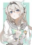  1girl black_hairband black_ribbon blush bow bowtie buttons checkered_bow checkered_bowtie checkered_clothes double-breasted firefly_(honkai:_star_rail) firefly_(spring_missive)_(honkai:_star_rail) gradient_hair green_bow green_bowtie green_pupils grey_hair grey_sailor_collar hair_between_eyes hair_intakes hair_ribbon hairband highres honkai:_star_rail honkai_(series) long_hair long_sleeves multicolored_eyes multicolored_hair na4o_x open_mouth ribbon sailor_collar shirt solo white_shirt white_sleeves 