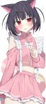  1girl absurdres alternate_costume animal_ears black_hair blue_archive blush bow cat_ears colored_inner_hair commentary_request crop_top frilled_skirt frills hair_ornament halo hanasaki_rin highres kazusa_(blue_archive) looking_at_viewer medium_hair multicolored_hair pink_eyes pink_hair pink_halo pink_shirt pink_skirt shirt skirt solo sweatdrop two-tone_hair white_background white_bow x_hair_ornament zipper 