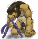 anthro brown_mane colored crotch_tuft duo eyes_closed felid fur green_body green_fur green_stripes guide_lines hand_under_butt head_first holding_prey jeri_kleinlowe kneeling larger_pred lion male male/male male_pred mammal mane muscular nude_male nude_pred nude_prey oral_vore pantherine partially_inside purple_body purple_fur simple_background size_difference stripes tail tan_body tan_fur teeth tiger tuft vore white_background