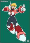 1girl alia_(mega_man) android arm_guards armor armored_boots black_bodysuit blonde_hair blue_eyes bodysuit boots bracer breastplate chest_jewel cuirass dailyrockman elbow_pads gauntlets gloves green_background hair_between_eyes headphones joints knee_boots knee_pads mechanical_arms mechanical_boots mega_man_(series) mega_man_x_(series) open_mouth plate_armor pointing radio_antenna robot_girl robot_joints shoulder_armor simple_background solo 