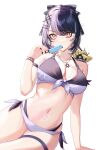  1girl absurdres arm_strap ass_visible_through_thighs bikini black_bikini black_hair black_nails breasts cleavage cloud creature creature_on_shoulder food food_in_mouth front-tie_bikini_top front-tie_top grey_bikini grey_hair higeji_(higeji404) highleg highleg_bikini highres holding holding_food holding_popsicle hololive hololive_english jewelry large_breasts looking_at_viewer multicolored_bikini multicolored_hair nail_polish navel necklace on_shoulder ponytail popsicle popsicle_in_mouth shiori_novella side-tie_bikini_bottom simple_background sitting solo split-color_hair stomach swept_bangs swimsuit thigh_strap two-tone_bikini virtual_youtuber white_background yellow_eyes yokozuwari 
