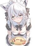  1girl ahoge alternate_costume animal_ear_piercing animal_ears apron black_bow black_bowtie black_dress black_ribbon blue_eyes blush bow bowtie breasts broccoli daimyojin_t dress extra_ears food fox_ears fox_girl frilled_apron frills from_above hair_between_eyes hair_ribbon highres hololive ketchup looking_to_the_side maid maid_apron maid_headdress medium_breasts omelet omurice puffy_short_sleeves puffy_sleeves ribbon shirakami_fubuki short_sleeves simple_background tomato virtual_youtuber white_apron white_background white_hair white_wrist_cuffs wrist_cuffs 