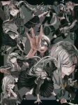  1girl 5boys attack_trail black_border black_hair black_jacket black_shoes black_skirt black_socks blonde_hair blood_on_cheek border bracelet breasts brown_shirt collared_shirt colored_inner_hair commentary_request cropped_shirt delinquent earrings eyelashes face_punch fighting fighting_stance floating_clothes floating_hair gakuran gold_bracelet gold_earrings gold_necklace grey_background grey_hair grey_nails grey_shirt hair_behind_ear high_heels high_kick highres higuchi_kaede higuchi_kaede_(16th_costume) in_the_face incoming_forehead_flick jacket jewelry kicking lips long_hair long_skirt medium_breasts midriff motion_blur motion_lines multicolored_hair multiple_boys multiple_views nail_polish necklace nijisanji outside_border paddy_field pleated_skirt punching purple_eyes school_uniform shirt shoes short_hair side_slit single_earring skirt sleeves_rolled_up socks sukeban translation_request two-tone_hair very_long_hair virtual_youtuber white_shirt 