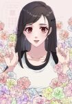  1girl absurdres bare_arms bare_shoulders black_hair black_sports_bra blue_flower blush collarbone commentary_request earrings final_fantasy final_fantasy_vii final_fantasy_vii_rebirth final_fantasy_vii_remake flower green_flower hands_up highres jewelry long_hair looking_at_viewer open_mouth pink_background pink_flower pink_lips purple_flower red_eyes red_flower solo sports_bra straight-on swept_bangs tank_top tifa_lockhart upper_body white_tank_top yellow_flower yknk_rin 