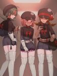  3girls backpack bag belt black_hat black_shirt black_skirt blush boots breasts brown_eyes brown_hair collar commission dark_persona gloves green_eyes green_hair hat highres kris_(pokemon) leash low_twintails lyra_(pokemon) miniskirt multiple_girls newsboy_cap nipple_stimulation pixiv_commission pokemon remote_control_vibrator sex_toy shirt short_hair shoulder_bag skirt small_breasts team_rocket team_rocket_grunt team_rocket_uniform tears thigh_boots thigh_strap twintails vibrator vibrator_in_thigh_strap vibrator_on_nipple vibrator_under_clothes white_boots white_gloves wombatvxww2553 