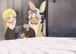 anthro bed biped blonde_hair brown_body brown_fur clothed clothed_anthro clothed_female clothed_human clothing dagasi detailed_background eyebrows eyewear female fingers fur furniture glasses green_eyes group hair hat headgear headwear hi_res human humanoid made_in_abyss male mammal narehate standing trio white_hair