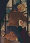  2boys absurdres aoba_tsumugi arms_around_neck ass barefoot biting biting_neck black_cape black_shorts bleeding blonde_hair blood blood_from_mouth blood_on_face blood_on_neck blue_eyes blue_hair blue_pants bow bright_pupils brown_sweater candle cape chinese_commentary collared_cape commentary_request curtains drinking_blood ear_piercing ensemble_stars! fire frilled_sleeves frills from_behind full_body hair_over_one_eye high-waist_shorts high_collar highres hug injury kneeling long_sleeves luofengji male_focus messy_hair monsterification multiple_boys pants piercing pointy_ears puffy_long_sleeves puffy_sleeves red_cape shirt short_hair shorts sitting sitting_on_lap sitting_on_person sleeve_bow sleeves_past_wrists sweater tenshouin_eichi thighhighs torn_clothes torn_thighhighs two-sided_cape two-sided_fabric vampire white_bow white_pupils white_shirt white_thighhighs window yaoi 