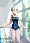  1girl alternate_breast_size alternate_costume blue_eyes blue_swimsuit breasts collarbone commission competition_school_swimsuit competition_swimsuit covered_navel cowboy_shot grey_hair hair_between_eyes highres indoors kantai_collection kimura_shiki medium_breasts one-piece_swimsuit open_mouth pool poolside rei_no_pool school_swimsuit short_hair skeb_commission smile solo sunlight swimsuit tree two-tone_swimsuit water window z1_leberecht_maass_(kancolle) 