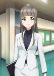  1girl arms_at_sides black_shirt blunt_bangs blush breasts bulletin_board carrying carrying_under_arm ceiling ceiling_light closed_mouth door floor formal_clothes grey_hair hallway high_collar holding holding_notebook indoors layered_clothes long_hair long_sidelocks long_skirt long_sleeves looking_at_viewer love_live! love_live!_school_idol_festival love_live!_school_idol_project mature_female minami_kotori&#039;s_mother notebook official_art pencil_skirt pink_lips poster_(object) reflective_ceiling reflective_floor school shirt sidelocks skirt skirt_suit smile solo standing suit tile_ceiling tiles upper_body white_skirt white_suit yellow_eyes 