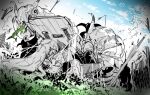  1girl absurdres armor biting blood blue_sky breastplate cloud day gloves highres holding holding_shield long_hair lying monster nikki_kyousuke on_back on_grass outdoors paladin_(sekaiju) paladin_2_(sekaiju) pauldrons planted planted_sword sekaiju_no_meikyuu shield shoulder_armor sky sword v-shaped_eyebrows very_long_hair weapon 