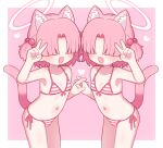  2girls :3 animal_ear_fluff animal_ears bikini blue_archive border cat_ears cat_girl cat_tail chlorella_observation_club_member_(blue_archive) chlorella_observation_club_member_(swimsuit)_(blue_archive) choker collarbone commentary_request cowboy_shot extra_ears faceless faceless_female fang flat_chest front-tie_bikini_top front-tie_top hair_bobbles hair_ornament hair_over_eyes halo heart highres holding_hands interlocked_fingers multiple_girls naga_u navel official_alternate_costume open_mouth outside_border pink_background pink_bikini pink_hair pink_halo pink_theme revision side-tie_bikini_bottom simple_background striped_bikini striped_clothes swimsuit symmetry tail two_side_up v white_border white_choker 