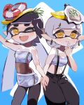  2girls absurdres ao_hito black_pants blue_background callie_(splatoon) callie_(summer_nights)_(splatoon) closed_mouth commentary cousins english_commentary fang food food_on_head grey_hair highres holding_hands inkling long_hair looking_at_viewer marie_(splatoon) marie_(summer_nights)_(splatoon) medium_hair mole mole_under_eye multiple_girls object_on_head official_alternate_costume one_eye_closed open_mouth pants pointy_ears short_eyebrows skin_fang smile splatoon_(series) splatoon_3 standing star-shaped_pupils star_(symbol) strapless suspenders symbol-shaped_pupils tentacle_hair thick_eyebrows tube_top very_long_hair yellow_eyes yellow_pupils 