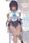  1girl absurdres adapted_costume black_hair black_skirt blue_archive blue_bow blue_bowtie blush bow bowtie breasts chair clothes_lift commentary_request dark-skinned_female dark_skin halo highres karin_(blue_archive) karin_(school_uniform)_(blue_archive) large_breasts lifting_own_clothes long_hair no_panties official_alternate_costume on_chair pleated_skirt purple_halo school_uniform shiro_sai5 shirt simple_background sitting skirt skirt_lift solo thighs white_shirt yellow_eyes 