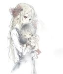  2girls aged_down aged_up bare_shoulders black_hair black_skirt black_vest blonde_hair blush bow carrying carrying_person child child_carry closed_eyes detached_sleeves ex-rumia hair_tubes hakurei_reimu highres long_hair long_sleeves multiple_girls osana_reimu red_bow red_eyes red_shirt red_skirt ribbon rumia sesmkun shirt skirt sleeping socks touhou vest white_background white_shirt white_socks 