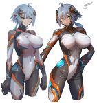  1girl ahoge artist_name black_bodysuit blue_hair bodysuit breasts cameltoe colossus_(natsukaze_shigure) covered_navel covered_nipples cropped_legs giant giantess green_eyes grey_hair hair_between_eyes hand_on_own_hip highres impossible_bodysuit impossible_clothes large_breasts looking_at_viewer multiple_views natsukaze_shigure original science_fiction short_hair simple_background skin_tight smile white_background 