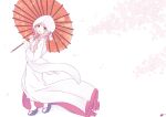  1girl ayukawa_koto braid breasts cherry_blossoms geta highres hood iris_mysteria! japanese_clothes k_(nura-rikuo) kimono long_hair oil-paper_umbrella petals pink_hair umbrella white_hood white_kimono yellow_eyes 