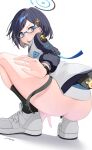  1girl absurdres akinoji_(akiponpon27) anus ass black_hair black_halo black_skirt black_socks blue-framed_eyewear blue_archive blush chihiro_(blue_archive) full_body grey_eyes hair_ornament halo highres jacket male_pubic_hair medium_hair pleated_skirt pubic_hair rabbit_hair_ornament shoes signature simple_background skirt socks solo squatting sweatdrop white_background white_shoes 