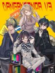  1girl 3boys ahoge akamatsu_kaede amami_rantaro backpack bag black_gakuran black_hat blue_shirt buttons checkered_clothes checkered_scarf closed_eyes closed_mouth commentary copyright_name crossed_legs crt danganronpa_(series) danganronpa_v3:_killing_harmony feet_out_of_frame flipped_hair frown green_eyes green_hair grey_pants hair_ornament hat headphones headphones_around_neck highres jewelry long_hair long_sleeves multicolored_buttons multiple_boys musical_note musical_note_hair_ornament necklace necktie nota_sayaka oma_kokichi open_mouth orange_background pants purple_hair purple_vest red_necktie road_sign saihara_shuichi scarf shirt sign simple_background stop_sign striped_clothes striped_shirt symbol-only_commentary television thinking upper_body vest white_pants white_shirt 