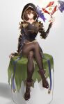  1boy ankle_boots bad_id bad_twitter_id bishounen boots brown_hair collarbone commentary_request crossed_legs doushite full_body granblue_fantasy highres holding hood legs long_sleeves looking_at_viewer male_focus pantyhose red_eyes sandalphon_(granblue_fantasy) short_hair sitting solo wings 