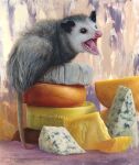  2022 ambiguous_gender anatomically_correct cheese cheese_wedge dairy_products feral food fur hi_res kahla mammal marsupial oil_painting_(artwork) on_food open_mouth painting_(artwork) phalangeriform photorealism realistic realistic_anatomy realistic_feral realistic_fur solo standing_on_object teeth tongue traditional_media_(artwork) whiskers 
