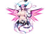  1girl angry arms_up black_horns black_thighhighs blue_fire breasts demon_girl demon_horns demon_tail demon_wings energy energy_wings eyes_visible_through_hair facial_tattoo fire floating floating_hair full-body_tattoo game_cg glowing glowing_eyes glowing_wings gradient_hair hairband heart heart_tail horns huge_breasts legs_up lilith_origin_(mon-musu_quest!) long_hair magic_circle mon-musu_quest! mon-musu_quest:_paradox multicolored_hair navel neck_tattoo nipples non-web_source nose nude purple_hair purple_hairband red_eyes shiki_(psychedelic_g2) tail tattoo thighhighs torn_clothes torn_thighhighs variant_set very_long_hair wings 