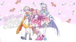  &gt;_&lt; 1boy 2girls blue_eyes blue_ribbon boots bow choker crossed_arms cure_nyammy cure_wonderful daifuku_(precure) dress earrings hair_bow highres inukai_komugi inukai_komugi_(dog) jewelry long_hair magical_boy magical_girl multicolored_hair multiple_girls nekoyashiki_yuki nekoyashiki_yuki_(cat) patterned_background pink_background pink_hair pink_ribbon precure puffy_pants ribbon sailor_collar serizawa_serizane simple_background standing toyama_daifuku two_side_up very_long_hair watermark white_dress wonderful_precure! 
