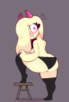 2_horns 4_fingers ambiguous_gender artist_name big_butt black_clothing black_legwear black_stockings black_thong black_underwear blonde_hair breasts butt chibi clothed clothing colored digital_drawing_(artwork) digital_media_(artwork) dozighost english_text featureless_breasts fingers furniture glistening glistening_body glistening_eyes glistening_hair glistening_skin glistening_thighs grey_background hair hair_over_eye horn horned_humanoid humanoid legwear long_hair looking_at_viewer looking_back looking_back_at_viewer not_furry one_eye_obstructed open_mouth pink_eyes pink_horn question_mark shaded short_stack signature simple_background smile solo stockings stool surprised_expression taffi_(dozighost) tan_body tan_skin teeth text thick_thighs thigh_highs thong topless underwear watermark white_sclera wide_eyed wide_hips