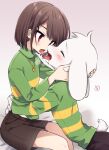  1boy 1other ^_^ asriel_dreemurr blush bob_cut brown_hair brown_pants chara_(undertale) chocolate closed_eyes commentary_request cowboy_shot face-to-face facing_another feet_out_of_frame french_kiss furry furry_male furry_with_non-furry goat_boy gold_necklace gradient_background green_sweater hands_on_another&#039;s_head heart heart_necklace inseki interspecies jewelry kiss leaning_forward leftporygon long_sleeves looking_at_another necklace other_with_male pants pink_background raised_inner_eyebrows red_eyes saliva short_hair sitting spoken_heart step-siblings striped_clothes striped_sweater sweater tail tongue tongue_out turtleneck turtleneck_sweater two-tone_sweater undertale white_background white_fur yellow_sweater 
