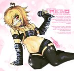  belt_buckle black_shorts blonde_hair buckle character_name cheek_piercing choker dimple_piercing eyelashes face_piercing highres holding holding_microphone microphone mokii099 navel navel_piercing original piercing red_eyes short_shorts shorts thighhighs visual_kei 