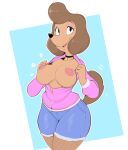  anthro bottomwear breasts brown_body brown_fur brown_hair canid canine canis clothed clothing collar cutoffs denim denim_clothing domestic_dog female fishnet flashing fur hair hi_res hoodie mammal nipples robin_(spiderboyreal) shorts simple_background smile smiling_at_viewer solo tail topwear usnarbit 