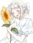  1girl :d blue_eyes blue_ribbon blush bow braid closed_eyes dress flower gakuen_idolmaster grey_hair hair_bow hair_ribbon half_up_braid holding holding_flower idolmaster katsuragi_lilja nagi_7g open_mouth puffy_short_sleeves puffy_sleeves ribbon ribbon_braid short_hair short_sleeves signature simple_background smile solo sunflower white_background white_bow white_dress 