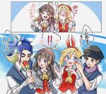  2boys 2girls adaman_(pokemon) akari_(pokemon) black_hair black_hat blonde_hair blue_eyes blue_hair blush bottle bracelet breasts brown_eyes closed_eyes cocoa_s3 collared_shirt cosplay eyebrow_cut eyelashes fanning_face fanning_self food green_hair grey_eyes grey_jacket hair_between_eyes hairband hat holding holding_bottle holding_food holding_popsicle irida_(pokemon) jacket jewelry long_hair long_sleeves melting_popsicle multicolored_hair multiple_boys multiple_girls neckerchief necktie official_alternate_color official_alternate_costume open_clothes open_jacket open_mouth pokemon pokemon_legends:_arceus pokemon_masters_ex popsicle purple_scarf red_hairband red_vest rei_(academy)_(pokemon) rei_(pokemon) rosa_(academy)_(pokemon) rosa_(pokemon) rosa_(pokemon)_(cosplay) scarf school_uniform shirt short_hair sidelocks skirt smile sweat vest water_bottle white_shirt white_skirt yellow_neckerchief 