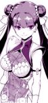  1girl aoba_(smartbeat) bangs breasts double_bun dress earrings elbow_gloves fate/grand_order fate_(series) gloves greyscale hair_bun hair_ribbon jewelry large_breasts long_hair martha_(fate) martha_(traveling_outfit)_(fate) monochrome ribbon smile solo twintails 