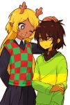  1girl 1other ;d antlers arm_behind_back black_eyes black_skirt blonde_hair bright_pupils brown_hair cowboy_shot deer_antlers deer_girl deltarune furry furry_female gomtarune green_sweater hand_on_another&#039;s_head highres horns kris_(deltarune) long_hair looking_at_another noelle_holiday one_eye_closed open_mouth red_eyes short_hair simple_background skirt smile standing sweatdrop sweater white_background white_pupils 