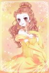  1girl animification beauty_and_the_beast_(disney) belle_(disney) brown_eyes brown_hair closed_mouth dress earrings elbow_gloves gloves highres jewelry long_hair looking_at_viewer ponytail smile solo user_hcmp8833 yellow_dress 