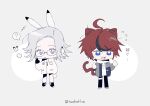  +++ 2boys :3 ? ahoge animal_ears aotsuki_eito black_gloves black_hair black_pants blue_eyes cat_boy cat_ears cat_tail chibi chibi_only chinese_commentary chinese_text commentary_request copyright_name glasses gloves grey_hair grey_jacket grey_shoes hood hood_down hoodie jacket jacket_over_hoodie kemonomimi_mode lebuqidefg male_focus multicolored_hair multiple_boys open_clothes open_jacket open_mouth pants rabbit_boy rabbit_ears rabbit_tail red_hair shoes short_hair smile speech_bubble spoken_question_mark streaked_hair sumino_takumi sweat tail the_hundred_line_-last_defense_academy- thigh_strap translation_request two-tone_hair white_hoodie white_jacket white_pants 