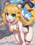  1girl animal_ear_fluff animal_ears beach bent_over bikini blonde_hair blue_bow blue_sky bow breasts cleavage cloud fang highres ju_fufu looking_at_viewer multicolored_hair open_mouth rilex_lenov sand sky small_breasts smile solo swimsuit tail tail_bow tail_ornament thigh_strap tiger_ears tiger_girl tiger_tail two-tone_hair water white_hair yellow_bikini zenless_zone_zero 