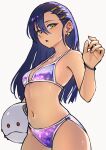  1girl :o absurdres ap_cammy bikini bracelet breasts commentary_request cowboy_shot earrings green_eyes gundam gundam_gquuuuuux hair_between_eyes hair_ornament hand_up haro highres jewelry light_blush long_hair looking_at_viewer navel non-humanoid_robot nyaan_(gundam_gquuuuuux) parted_lips purple_bikini purple_hair robot simple_background small_breasts solo standing stomach swimsuit very_long_fingernails very_long_hair white_background 