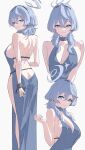  1girl absurdres ako_(blue_archive) ako_(dress)_(blue_archive) back blue_archive blue_dress blue_eyes blue_hair breasts butt_crack cleavage collarbone commentary_request cuffs dress evening_gown halo highres katagiri_nanoka large_breasts long_hair looking_at_viewer median_furrow multiple_views official_alternate_costume shackles shoulder_blades sideboob sideless_dress simple_background smile white_background 