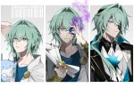  1boy age_progression anaxa_(honkai:_star_rail) arm_guards black_coat blue_eyes blue_shirt border coat dromas_(honkai:_star_rail) eyepatch gold_blood green_hair grey_background grimace hand_on_own_face highres honkai:_star_rail honkai_(series) jacket male_focus multicolored_eyes oo_1y pink_eyes serious shirt stuffed_dinosaur twitter_username two-tone_eyes watermark white_background white_jacket yellow_eyes 
