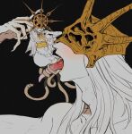  2boys aldrich_devourer_of_gods black_hair blush covered_eyes dark_souls_(series) dark_souls_iii dark_sun_gwyndolin dress giant hair_ornament helmet highres long_hair male_focus multiple_boys open_mouth simple_background snake spiked_helmet teeth tongue vore white_hair zunkome 
