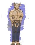 2010 abs anthro bottomwear bovid bovine bulge cattle chaps clothing colored guide_lines hooves horn jeri_kleinlowe looking_at_viewer male mammal muscular muscular_anthro muscular_male navel nipples pants purple_background simple_background smile solo standing white_background