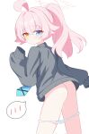  1girl ahoge ass blue_archive blush bottomless closed_mouth commentary_request corrupted_twitter_file flying_sweatdrops grey_sweater halo heart heterochromia highres hoshino_(blue_archive) long_sleeves necktie panties panty_pull pink_background pink_hair ponytail simple_background sleeves_past_fingers sleeves_past_wrists solo speech_bubble spoken_blush sweater ttriwk underwear white_background white_panties 