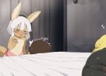 anthro bed biped blonde_hair blush bottomwear brown_body brown_fur brown_hair clothed clothed_anthro clothed_female clothing dagasi detailed_background duo_focus eyebrows female fur furniture group hair hi_res human humanoid made_in_abyss male mammal nanachi narehate on_bed open_mouth open_smile sleeping smile trio white_hair