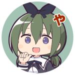  1girl :d assault_lily bangs black_bow black_ribbon blush bow buttons chibi circle commentary_request cropped_jacket green_background green_hair hair_between_eyes hair_bow hand_up juliet_sleeves long_hair long_sleeves looking_at_viewer low_twintails lowres masaki_itsuki neck_ribbon no_pupils open_mouth portrait puffy_sleeves purple_eyes ribbon round_image school_uniform shaka_sign shirt sign_language simple_background smile solo translated transparent_background twintails white_shirt yamanashi_hibari yurigaoka_girls_academy_school_uniform 
