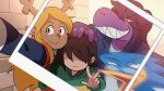  1boy 1other 2girls 365mimimi :| animal_ears antlers beak berdly_(deltarune) blonde_hair brown_eyes brown_hair closed_mouth colored_skin commentary covered_eyes deer_antlers deer_ears deer_girl deltarune furry furry_female glasses grin group_picture hand_on_another&#039;s_head highres horns kris_(deltarune) long_hair looking_at_viewer multiple_girls noelle_holiday open_mouth outstretched_arm polaroid_photo purple_skin selfie shaded_face sharp_teeth short_hair smile susie_(deltarune) symbol-only_commentary taking_picture teeth w 